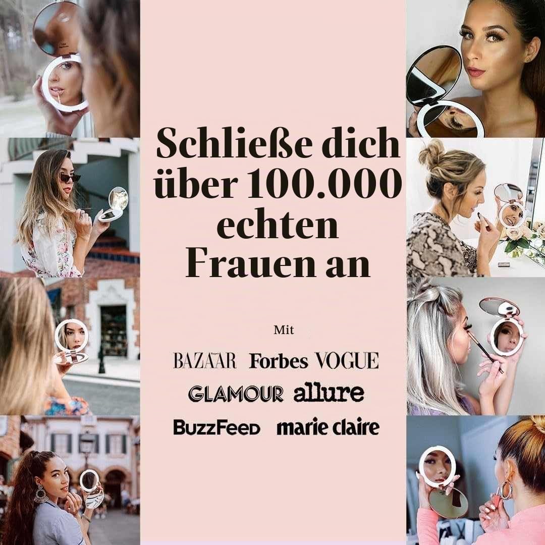 Fancii Taschenspiegel, 1-fach/10-fache Vergrößerung – LED-Make-up-Spiegel mit natürlicher Beleuchtung, 12,7 cm Durchmesser, kompakt und tragbar für Reisen (Roségold)