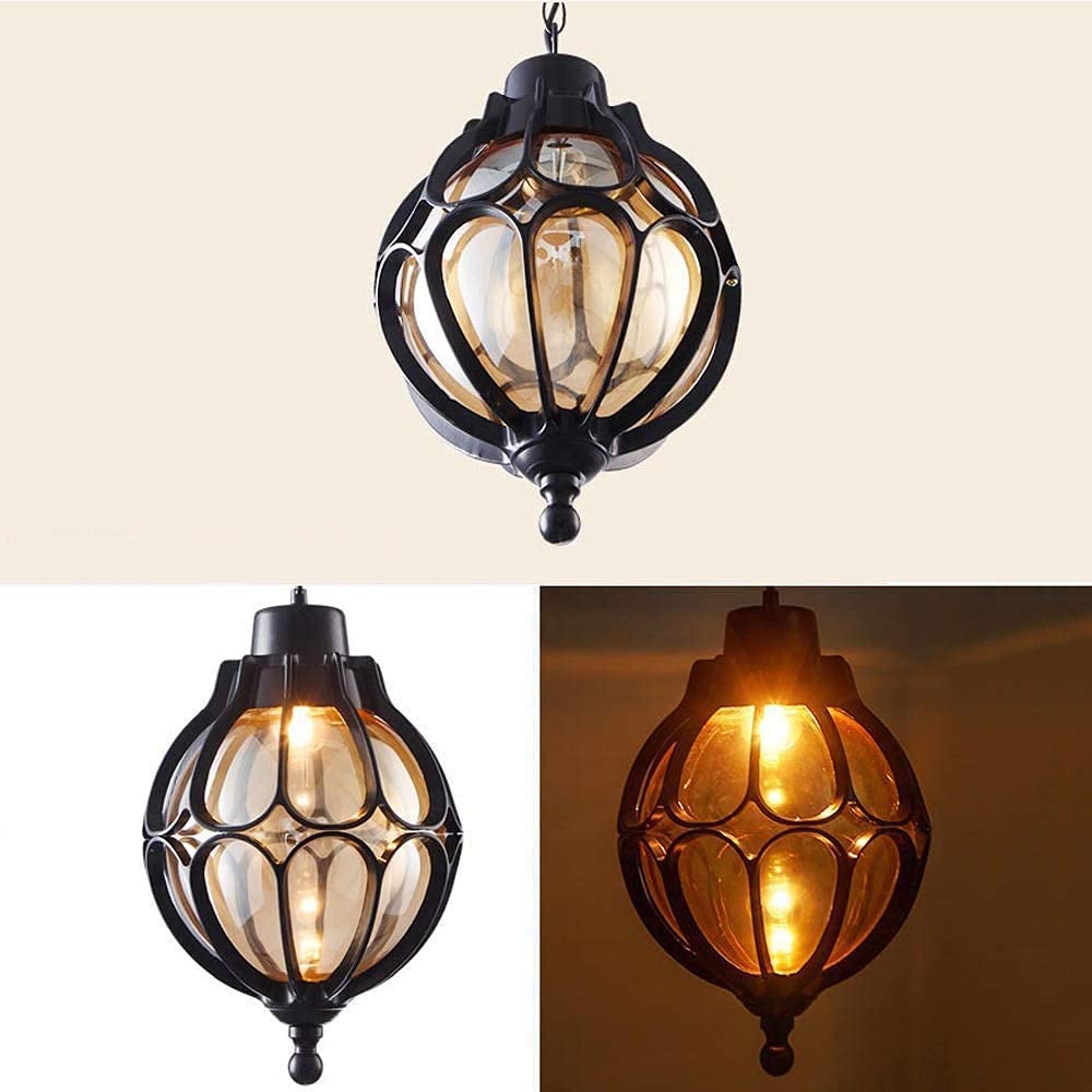 lampy wiszące, Czarny metal z aluminiową klatką w kształcie kuli przezroczystego szkła, zewnętrzna latarnia do altany, wejścia, patio