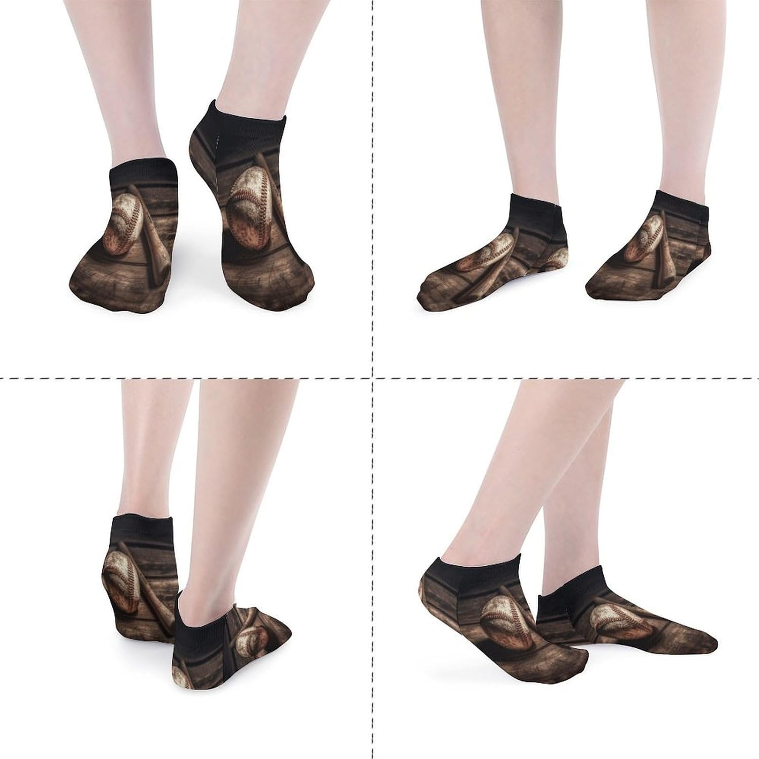Baseball on Wooden Ankle Socks for Men Women 5 Pairs