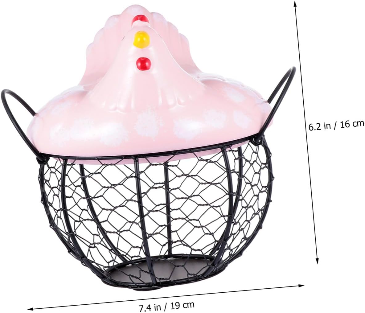 Small Egg Basket with Hen Lid, Iron Kitchen Storage Basket for Snacks and Fruits, Pink Mini Egg Holder for Farmhouse Decor and Countertop Organization