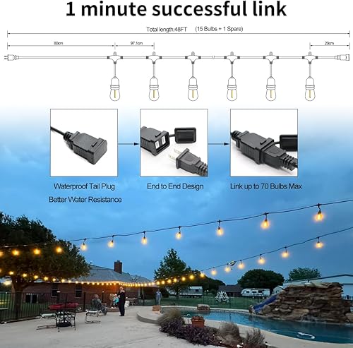 Miniatura 10 de Cadena de luces impermeables para exteriores de 48 pies con 25 bombillas inastillables, luces de patio IP65 para jardín, boda, cafetería, cables sin