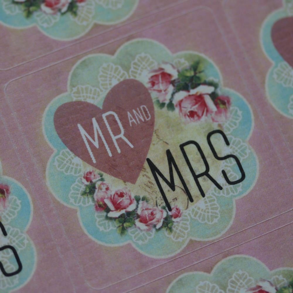 Mr and Mrs Pink Heart Floral Wedding Favour Sticker Sheet x 35 Stickers