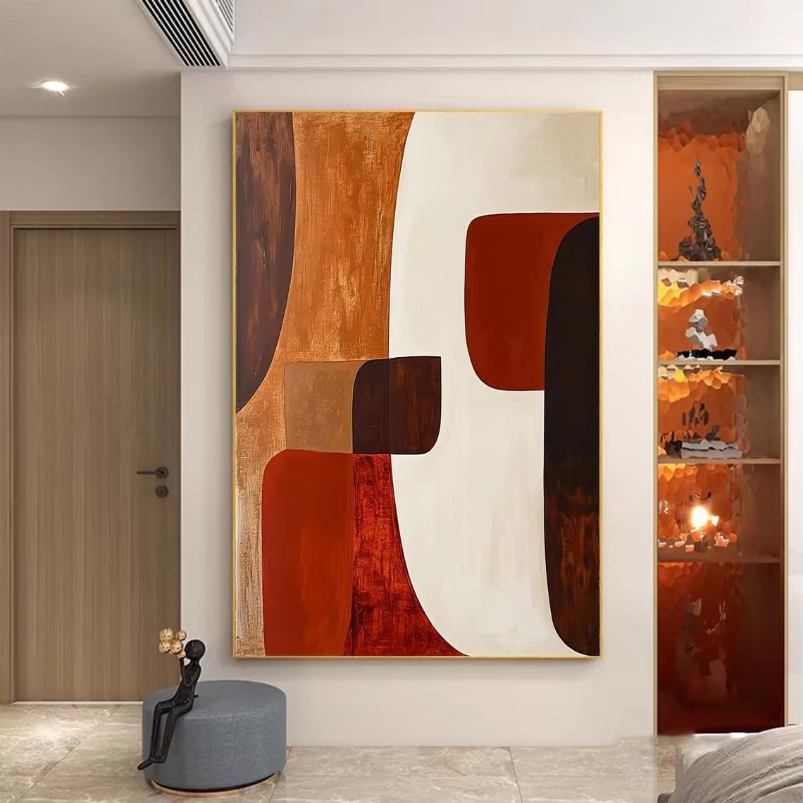 IHHGNB Abstract Geometric Canvas Wall Art Dark Brown Painting Red Wall Art Beige Minimalist Canvas Prints Living Room Decor(50x70cm(20x28in)/No frame)
