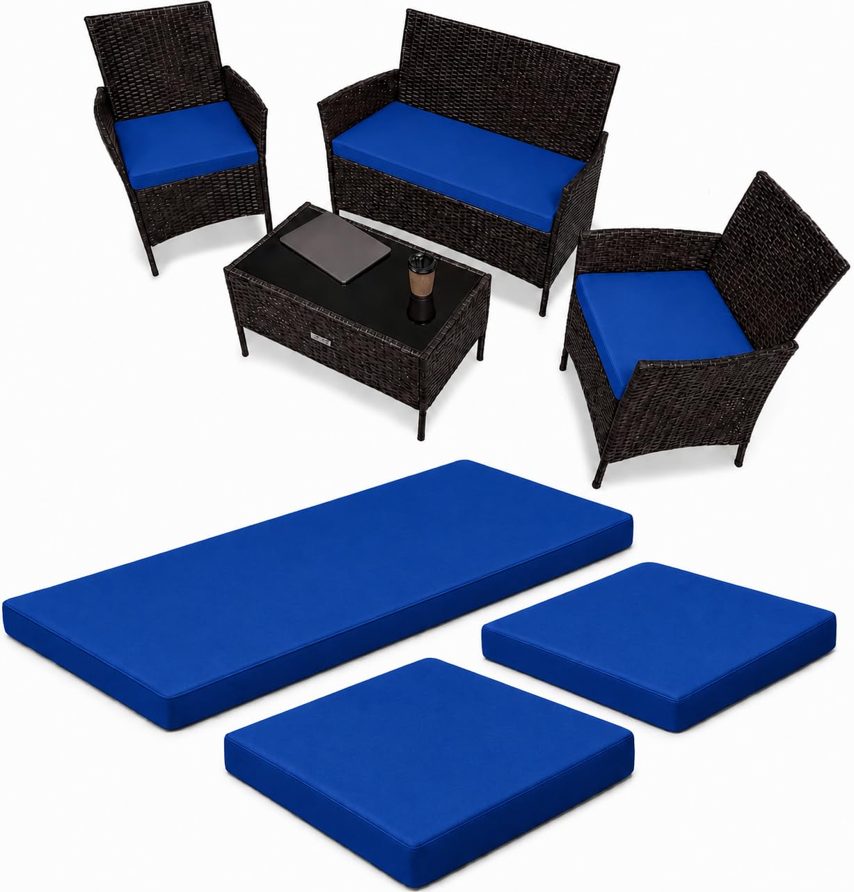 KOZZE FAB 3-Piece Replacement Cushion Set for Rattan Chairs & Sofa | Comfortable Padded Patio Cushions | Indoor & Outdoor Garden Furniture Seat | Water-Resistant & Durable Covers (Royal Blue)