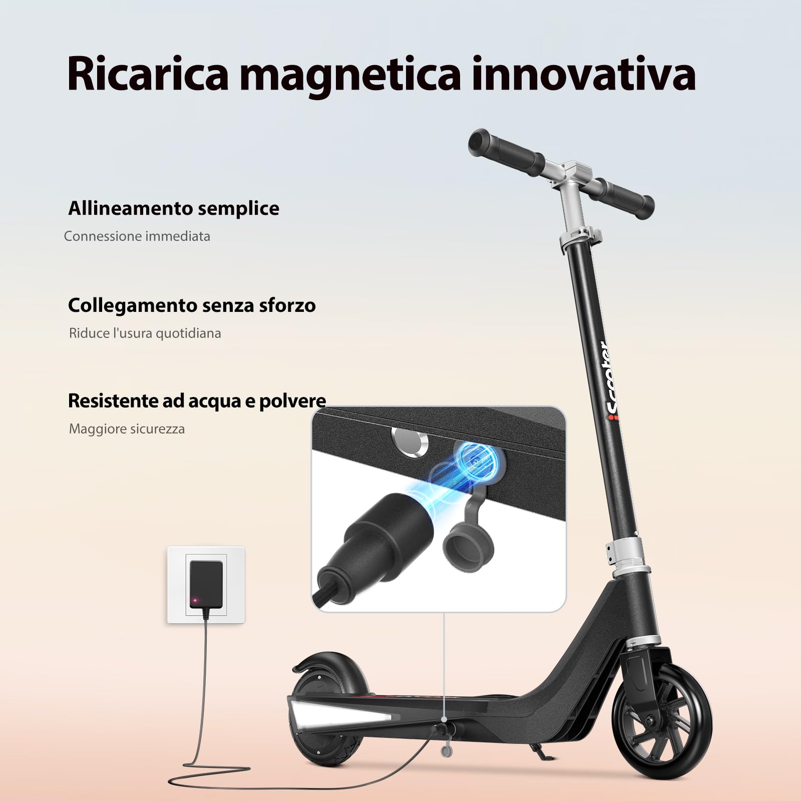 iScooter Monopattino elettrico per bambini 6-10 anni, 2 velocità 10/15 km/h, ruota anteriore luminosa e LED multicolore, altezza regolabile su 3 livelli, carico massimo 50 kg