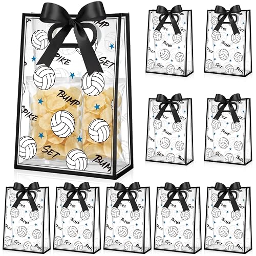 Aliceset 12 Pcs Volleyball Clear Goodie Bag with Die Cut Handles and Ribbons Volleyball Theme Party Favor Bags for Team Snack Gifts Wrapping Birthday Sport Party Treats Supplies 7 x 10 x 3.15 Inch