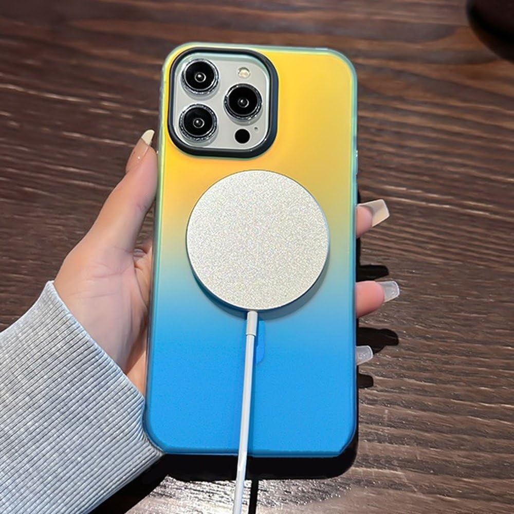Custodia sfumata per iPhone 15 14 13 12 Pro Max 11Plus, custodia di lusso antiurto colorata con ricarica wireless magnetica, giallo brillante, per iPhone 14 Plus