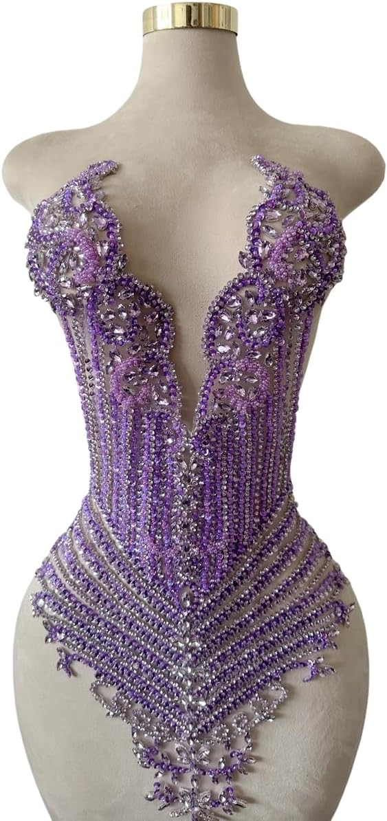 Handsewing Beads Sequins Rhinestones Large lace Applique Handmade shin Crystal Trim Patches Accessories for Dress Clothes (Lightpurple)