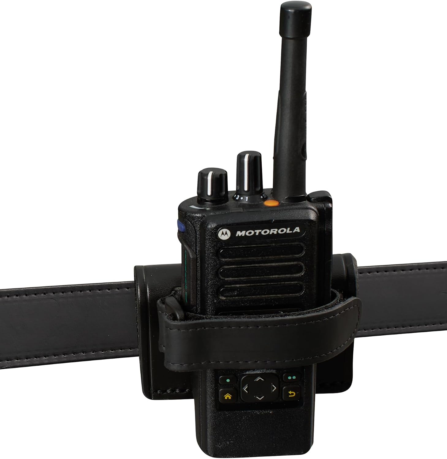 JAY-PEE Plain Black Leather Radio Holder with Adjustable Hook and Loop Strap Closure, Universal Walkie Talkie Holster Belt Mounted for Duty Belt Carry, Secure Two Way Radio Carrier Gear, Made in USA