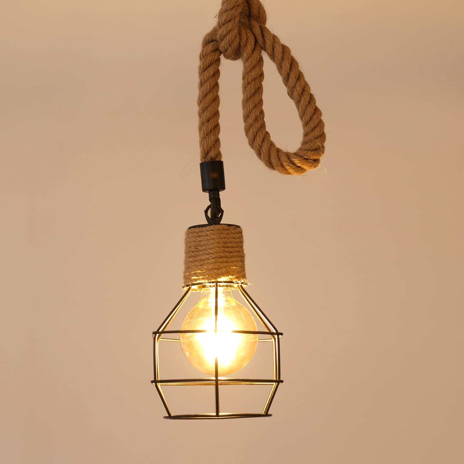 Vintage Lámpara Colgante Madera Cuerda de Cáñamo, Lámpara de Techo Colgante Altura Ajustable, Luz Colgante Industrial Retro E27 para Comedor, Salon, Cafetería