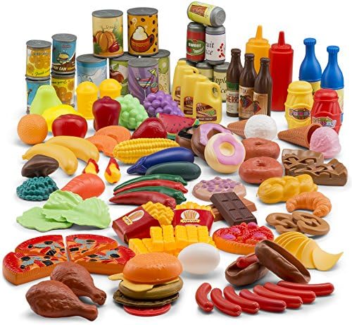Jaxojoy Pretend Play Food Set for Kids Kitchen Ages 3+ (122pcs) Toy Food Assortment Playset for Kids & Toddlers, Mini Kitchen Food Sets, Fake Food, Imaginative Play Kitchen Accessories, Gift for Kids