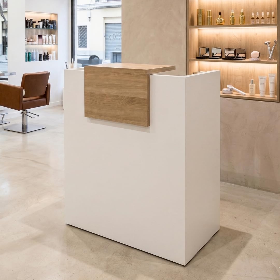 OFICIT Mostrador Recepción Profesional | Mostradores para Tiendas de Madera de 25MM de Grosor | Mueble Recepción con Estantería Ideal como Mostrador Peluquería, Tiendas, Clínicas o Academias