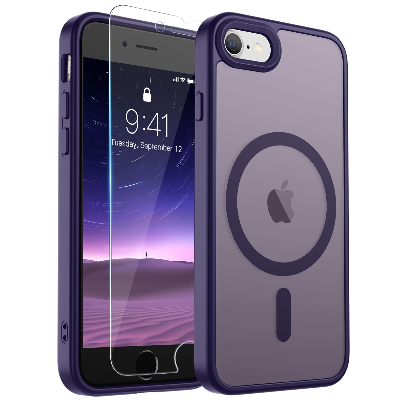 SUPFINE Magnetic for iPhone SE Case 2022 (3rd)/2020 (2nd), iPhone 8 Case | With Screen Protector, Translucent Matte, Compatible with MagSafe, Military Grade Drop Proof, Dark Purple
