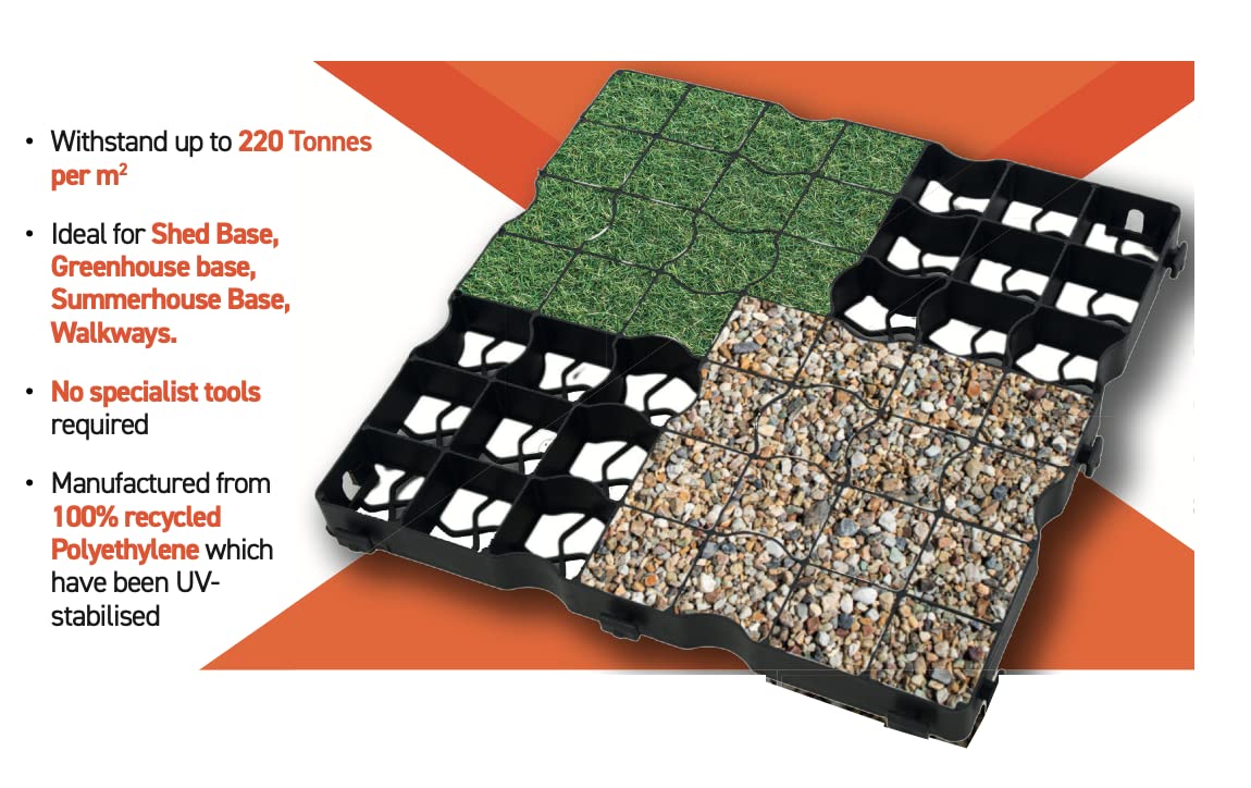 FXDM MEMBRANE INCLUDED - Gravel/Grass Grid Paver Path Base Mat For Greenhouse Deck Turf Lawn Shed Garden 12 Grids 3m Black