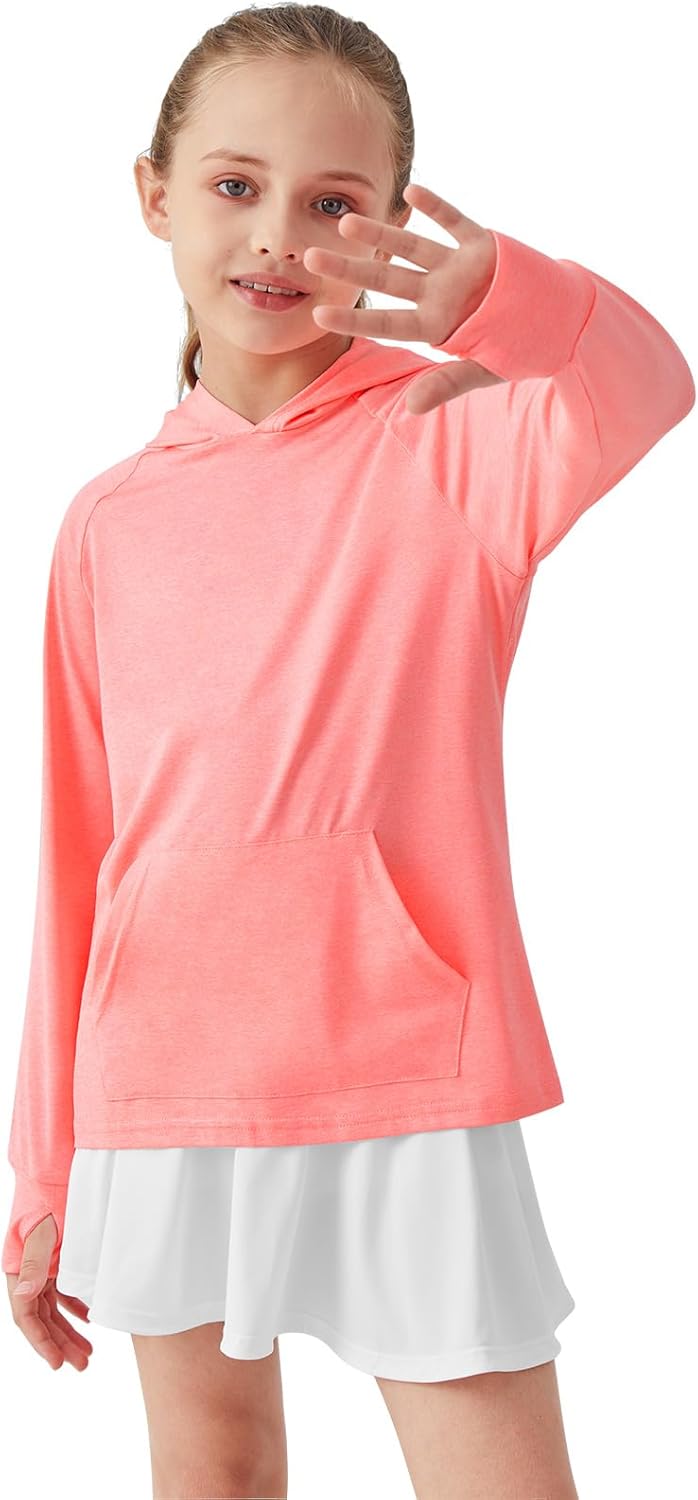 Girls Long Sleeve Shirts Thumbholes Kids UPF 50+ Sun Shirt Lightweight Athletic Hoodies with Pocket - Image 3