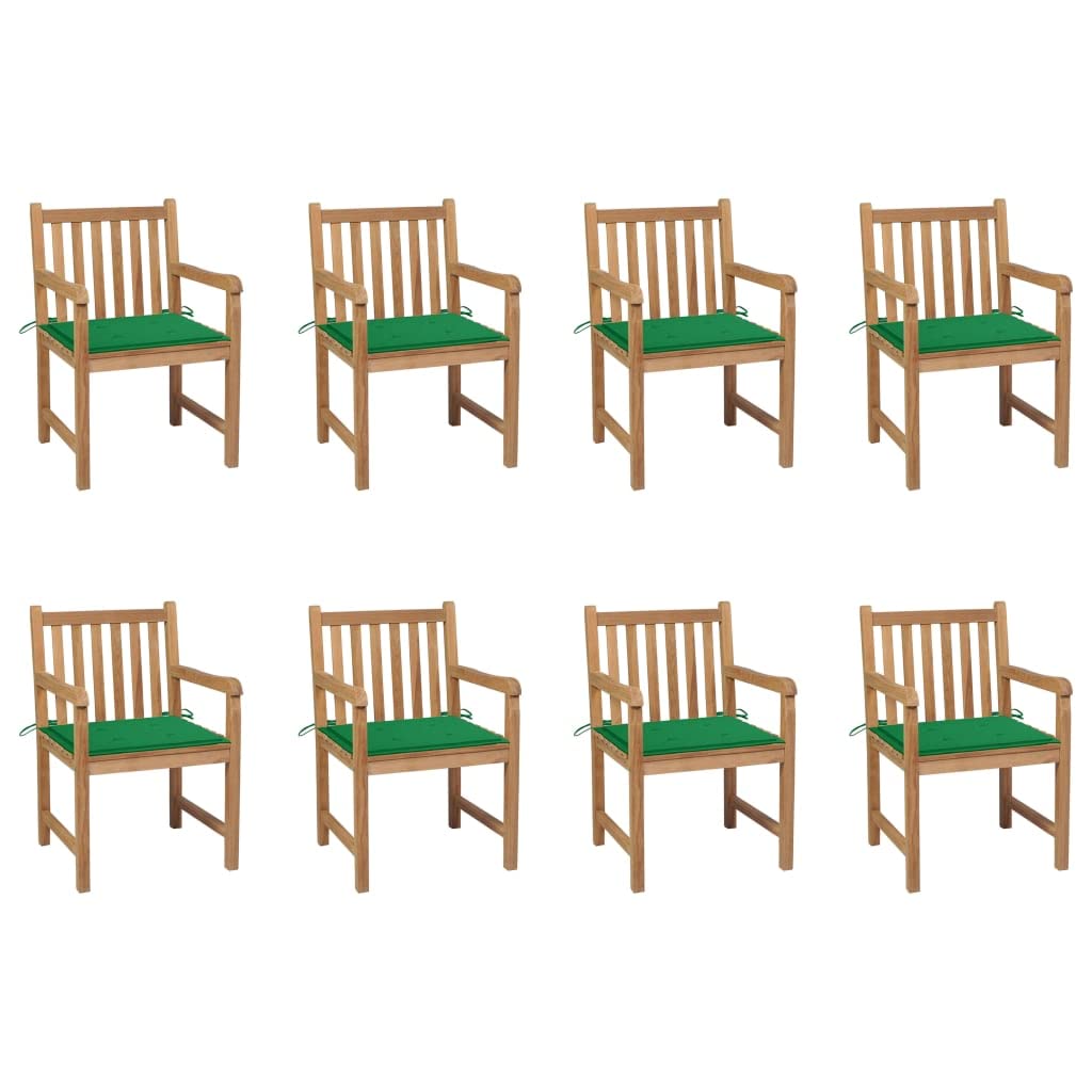 8 sedie da giardino in legno massello di teak con cuscino verde, resistenti alle intemperie, per terrazze e giardini, set di mobili da giardino in teak con cuscini imbottiti