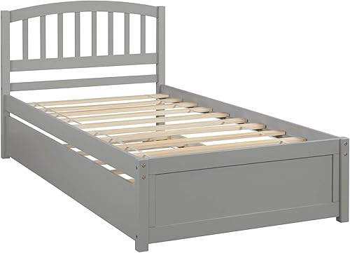 Miniatura 20 de P PURLOVE Cama de plataforma de tamaño individual con cabecero, marco de cama de madera con cama nido (blanco) White Frame,expreso (Espresso