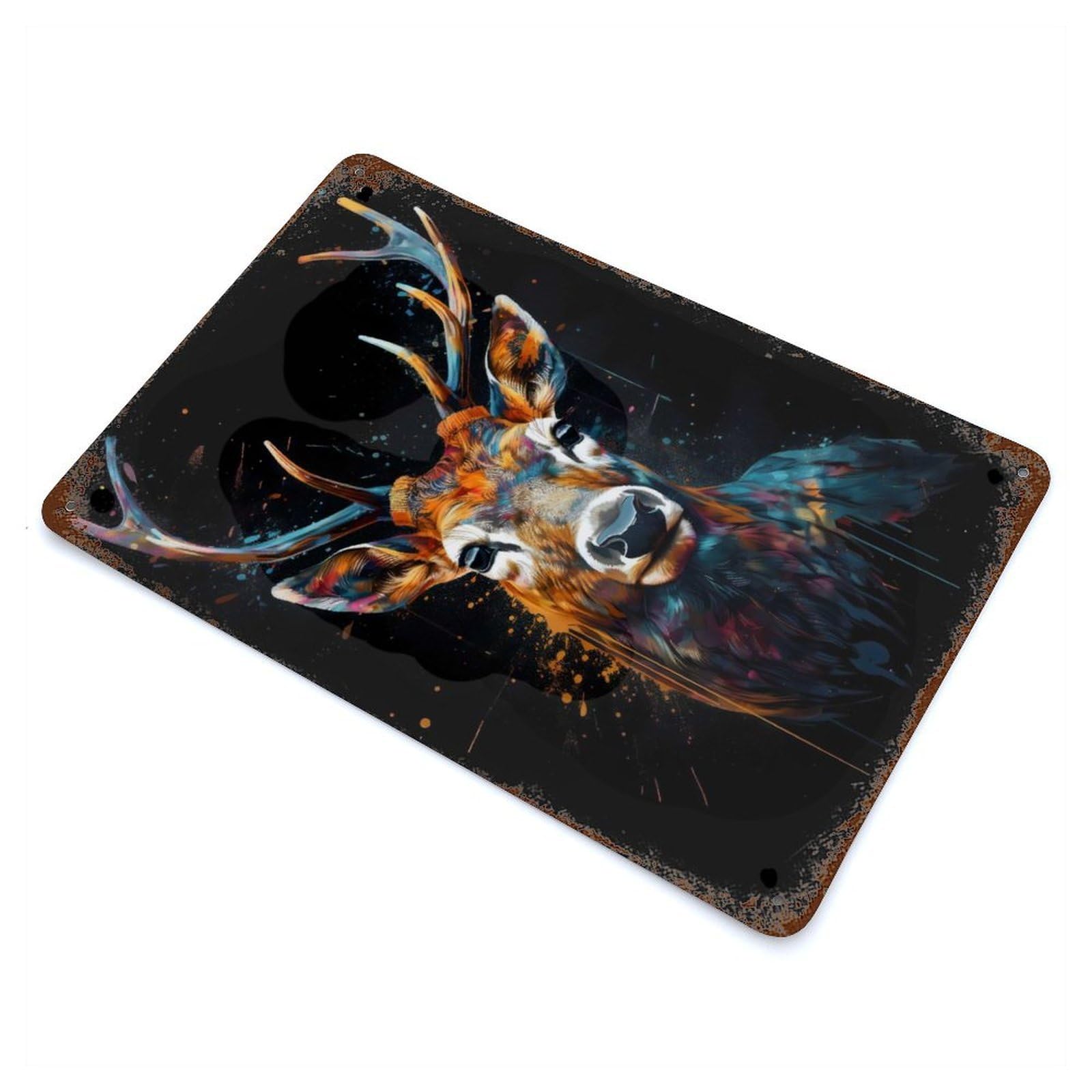 Deer Watercolor Weathered Tin Sign 11.8"x7.9", Shabby Chic Decor for Garage, Pub Or Kitchen