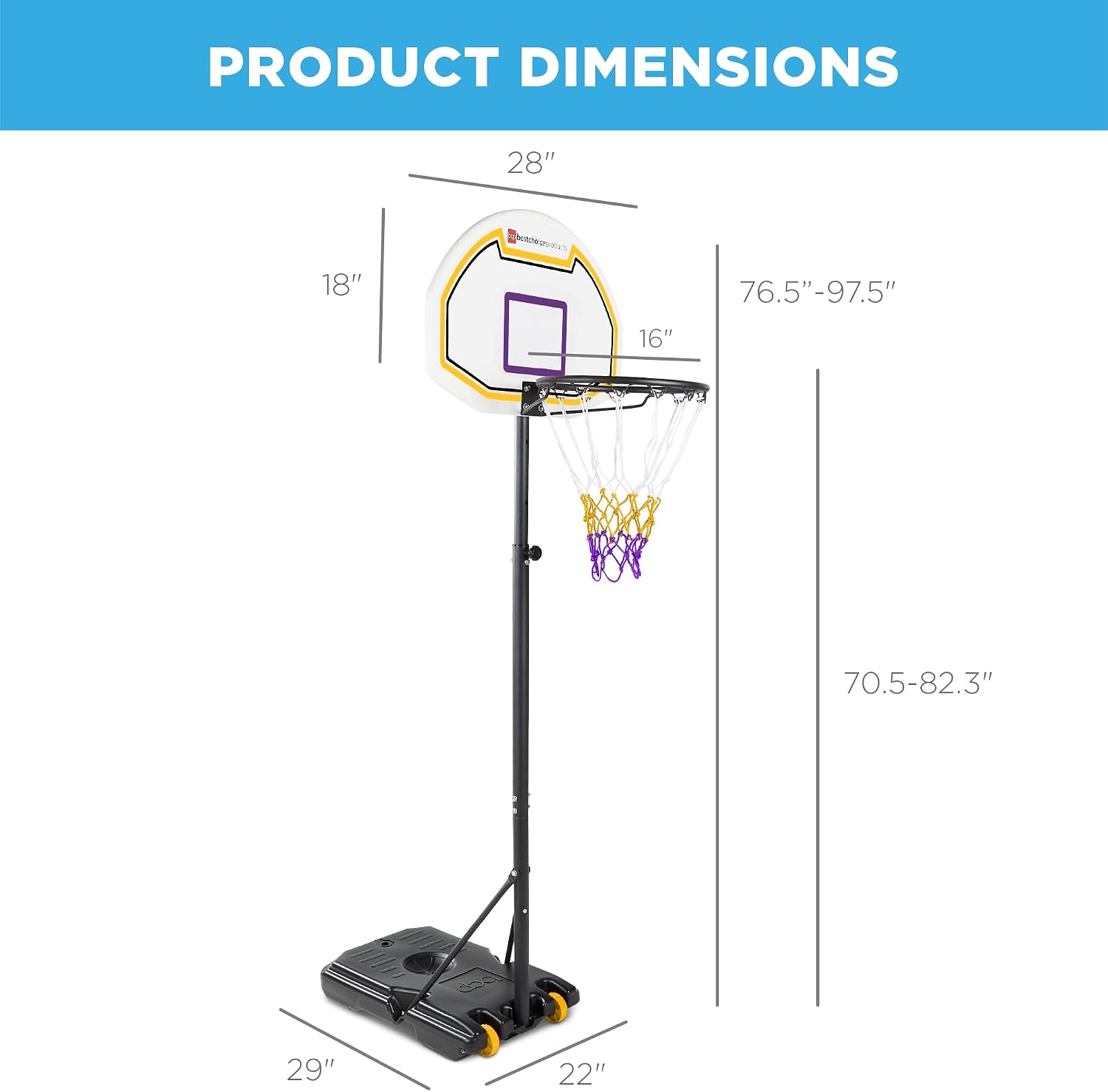 Best Choice Products Kids Height-Adjustable Basketball Hoop, Portable Backboard Set w/ 2 Wheels, Fillable Base, 70.5in to 82.3in Tall