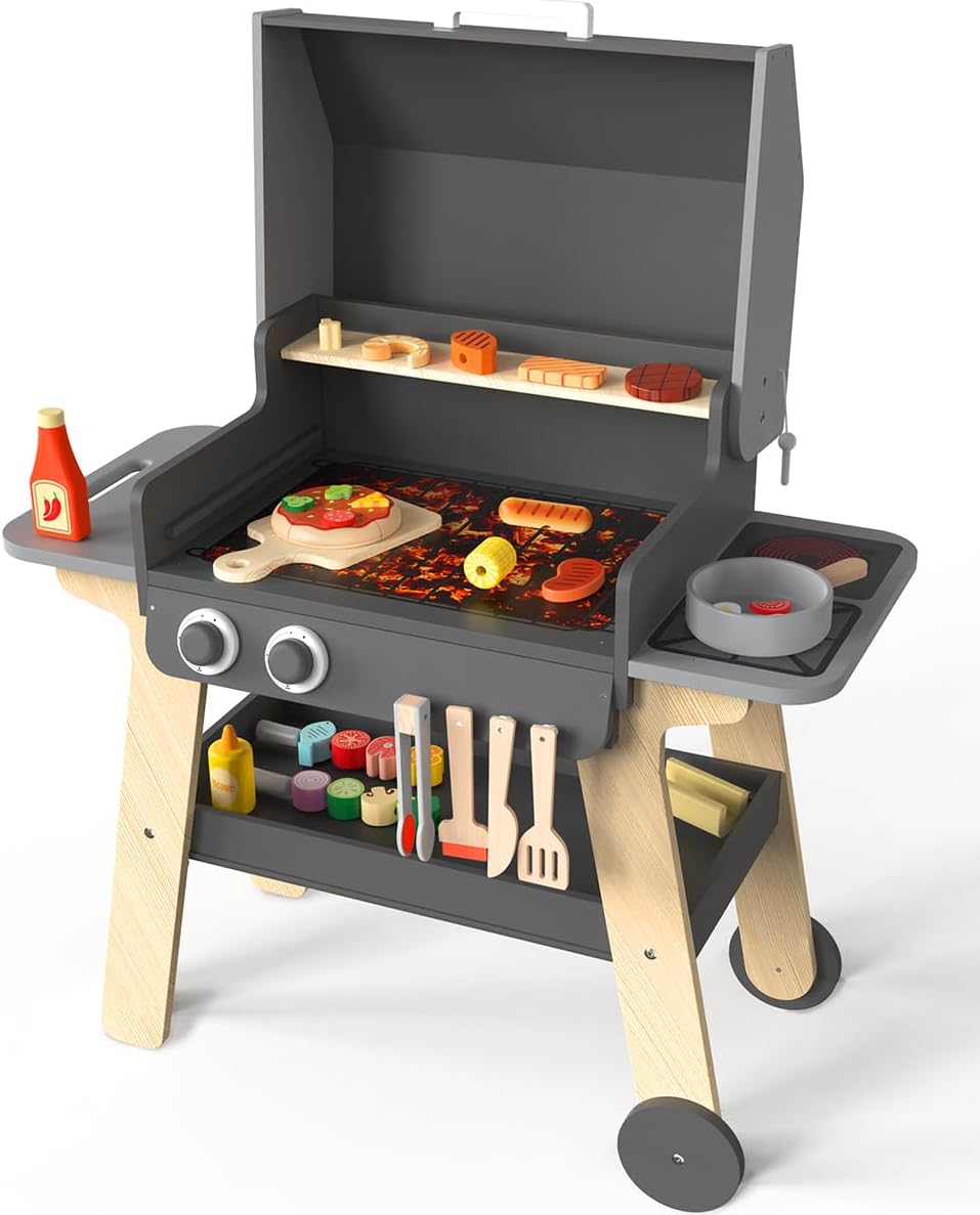 Kids BBQ Grill Playset Play Kitchen Toy for Toddlers & Children Ages 3-8, Wooden Outdoor Indoor Pretend Play Cooking Toys with Toy Food and Grilling Tools, for Girls & Boys