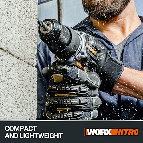 WORX NITRO 18 V (20 V MAX) Cordless Impact Drill WX352.4 Power Share Brushless Battery 60 Nm Speed Dimmer LED Lighting 2 x 2.0 Ah Batteries Included