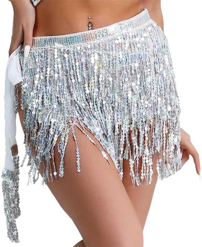 Phantomon Sequin Skirt for Women with Sparkly Fringe Belly Dance Performance Mini Skirt Tassel Hip Scarf Rave Costume - Image 3