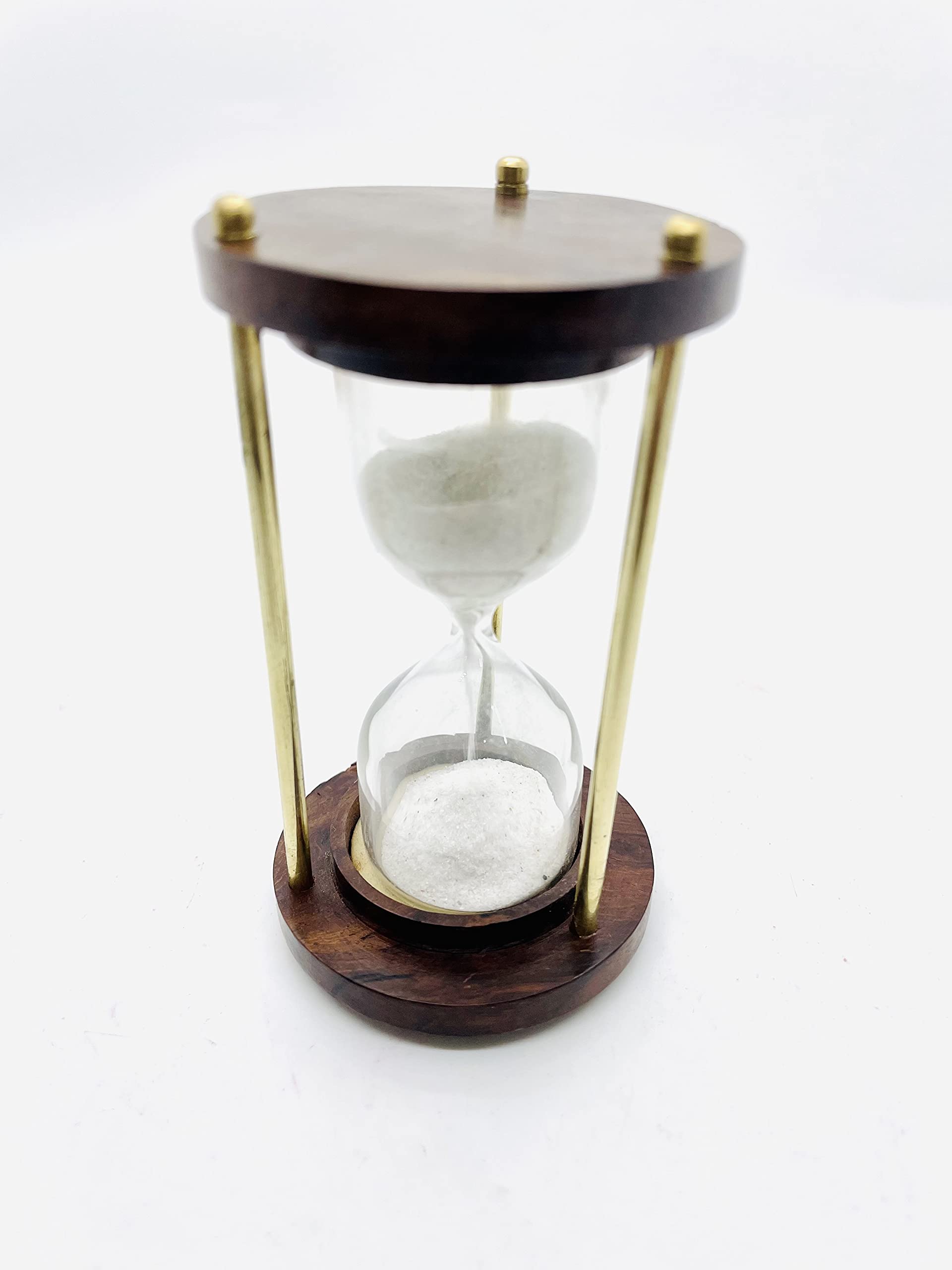 UTC Home & Decor New 1 Minute Brass & Wood Sand Timer with White Sand Glass Sandglass Clock Ideal for Exercise Antique Nautical Decor (3.5 Inches)