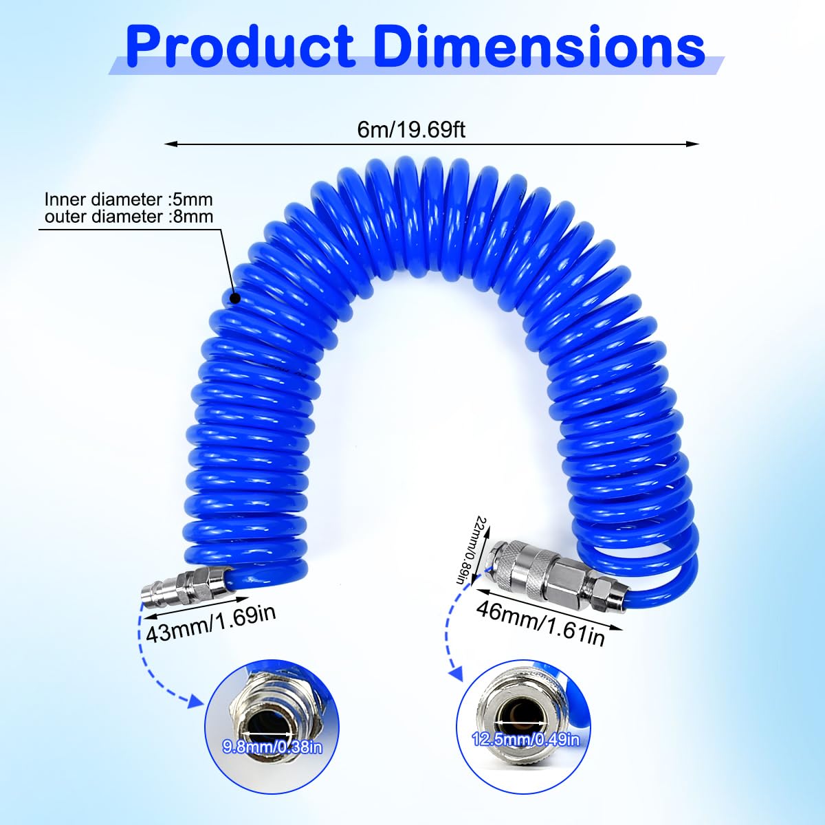 6m Tuyau À Air Comprimé Spiralé Air Comprimé Avec Raccord Rapide 1/4" Tuyau À Air Comprimé Pour Compresseur Pu 8 Mm Pour Compresseurs Comprimé Jusqu'À 10 Bars Max.