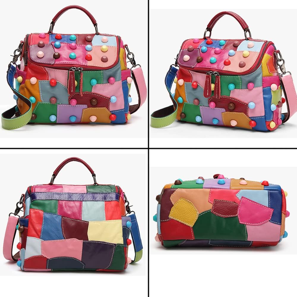 Downupdown Top Handle Handbag Multicolor Stitching Large Capacity Wallet Colorful Rivet Shoulder Bag Messenger Bag