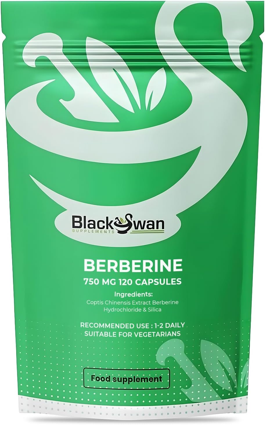 Black Swan Berberine Supplement 750mg Capsules - Pure Berberine HCL High Strength Supplement - Berberine Weight Loss Vegan Formulated Capsule Anti-oxidant and Anti-inflammatory - 120 Capsules