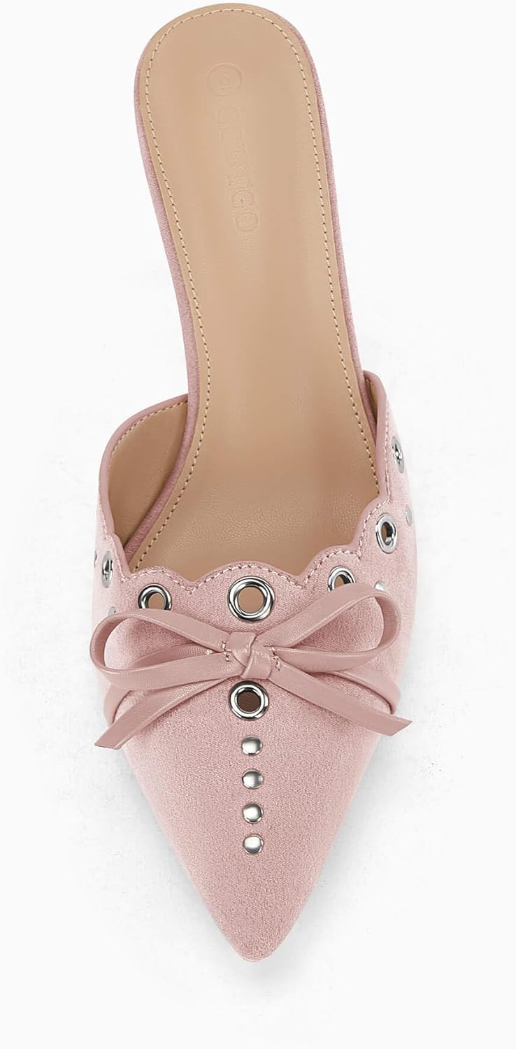 Coutgo Women's Bow Tie Mule Heels Pointed Toe Studded Backless Stilettos Slip On Dress Pump Shoes - Image 7