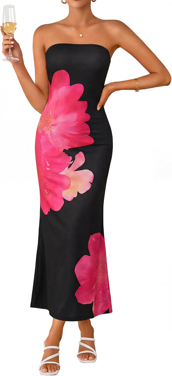 ZESICA Womens Summer Floral Bodycon Maxi Dress 2026 Formal Off Shoulder Strapless Cocktail Wedding Guest Beach Party Dresses