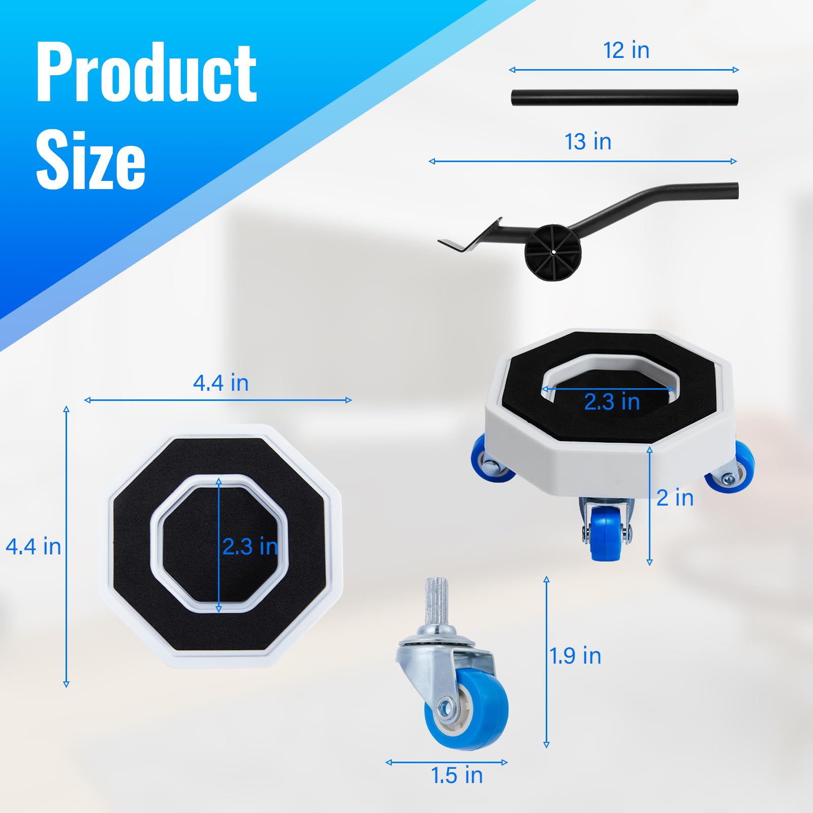 Set di 4 cursori per mobili, sistema di movimentazione per mobili con carrello a rullo, set di attrezzi per il movimento; set 750LBS- 4 cursori esagonali con 4 ruote blu e asta mobile