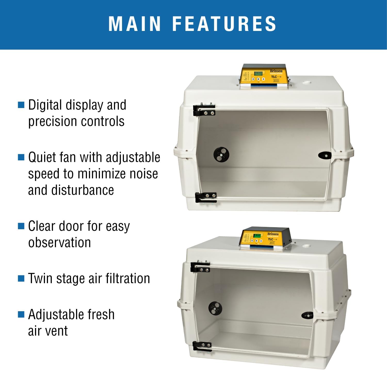 Diagram showing the main features of the Brinsea TLC-50 Eco Series II incubator, including digital display, quiet fan, clear door, twin stage air filtration, and adjustable fresh air vent.