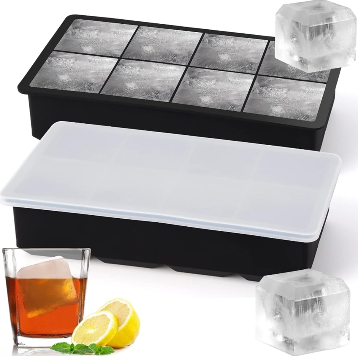 Tsbfeery 2Pack Large Ice Cube Tray for Whiskey Big Square Ice Cube Maker for Cocktail Silicone Old Fashioned Ice Cube Trays 2inch Huge Cubed Ice Trays for Whisky Easy Release (Black)