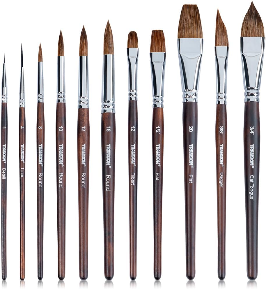 Transon 11pcs Sable Watercolor Brushes Professional Brush Set for Watercolor Painting Gouache Painting