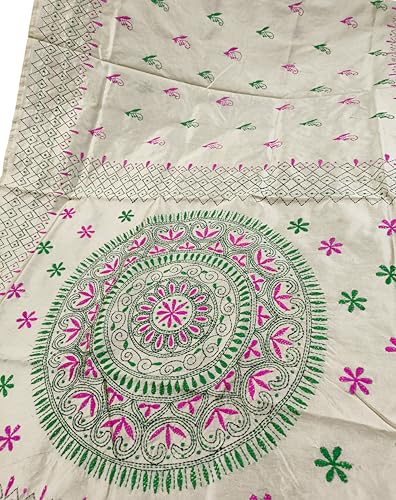 Image of SHRISTI CLOTHINGS Women's Hand Embroidered Cotton Silk Kantha Stitch Saree with Blouse Piece (SB420324 SWD56)