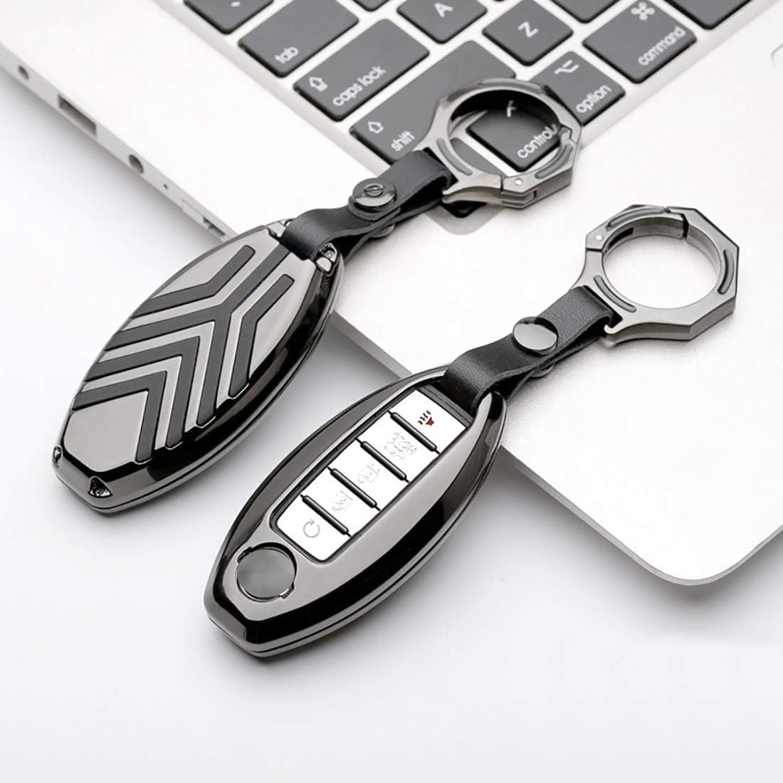 ontto Metal Key Fob Cover with Keychain Prevent Scratches Key Portector Holder Skin Keyless Fit for Nissan Altima Maxima Murano Armada Gt-r Sentra Rogue Pathfinder Black(1 keycover&1 Keychain)