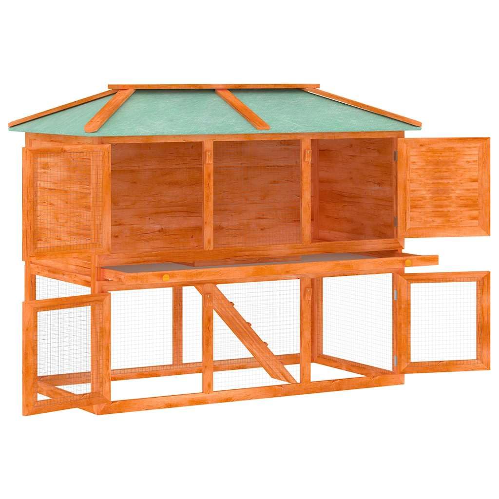 Kleintierstall aus lackiertem Tannenholz 130x68x105 cm mit 2 Etagen, wetterfestem Dach und Drahtgitter, Kaninchenstall für Hasen, Nagerheim, Freilauf und Outdoor-Behausung