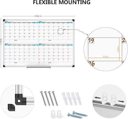Miniatura 4 de XBoard Calendario magnético pizarra blanca de 48 x 36 pulgadas, calendario colorido de 4 meses, pizarra de borrado en seco para planificación