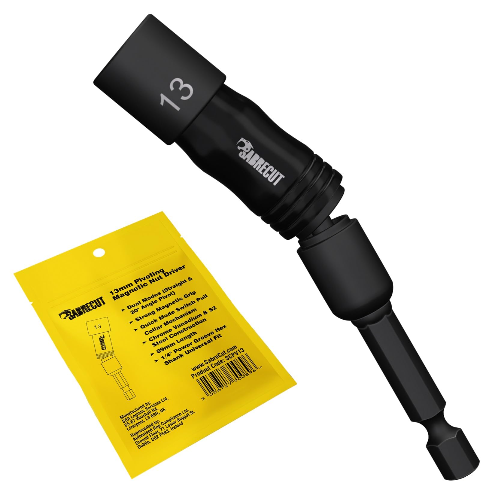 SabreCut 13mm Pivoting Magnetic Nut Driver Dual Mode 1/4"" Hex Shank 89mm Length