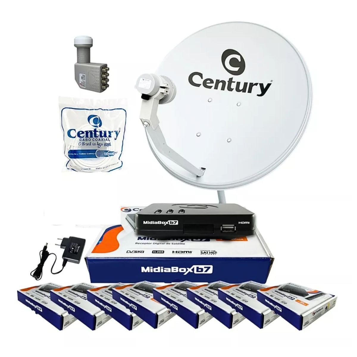 Kit Antena Parabólica 60cm P/8 Midiabox B7 Century Ku 8 Tvs