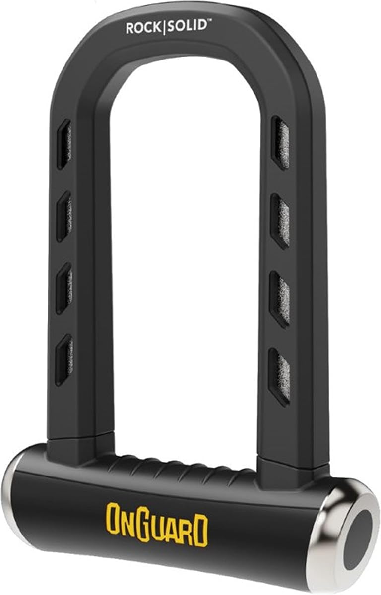 OnGuard RockSolid U-Lock – 14 mm (0.55 in) Hardened Steel Bike Lock, 90 mm × 175 mm (3.55 in × 6.90 in) Interior Dimensions, Angle-Grinder-Resistant Coating, X4P Quad Lock Security | bike-u-locks