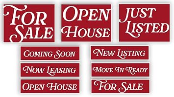 VSE Real Estate Sign Pack, Open House, For Sale, Just Listed, Coming Soon, Move In Ready Elegant Red