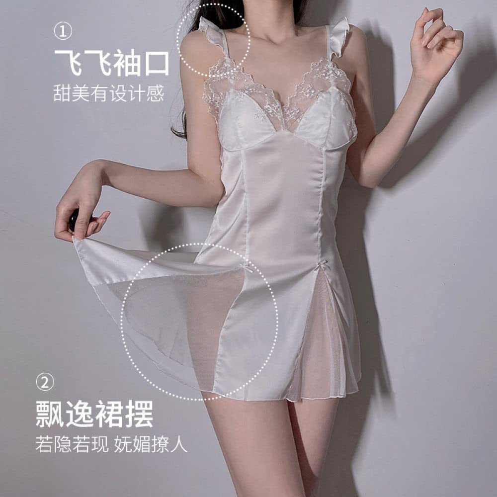 OZEO Chemises De Nuit Femme,Peignoir Deux Pièces en Satin Léger Kimono en Dentelle en Robe Blanche Volants Sexy Col en V Ensemble De Pyjama Babydoll Robe De Chambre Mariée Vêtements De Nuit Ba
