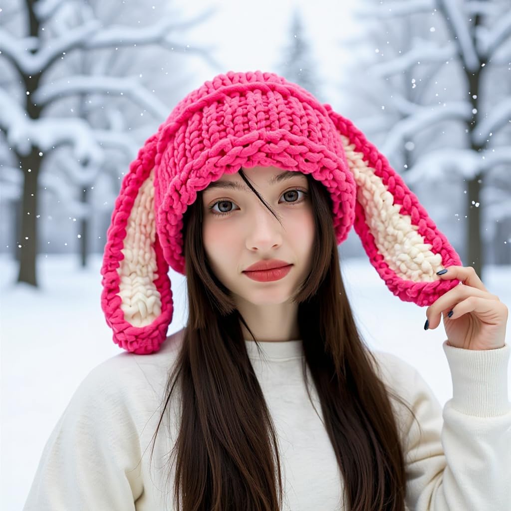 Cute Bunny Ears Beanie Hats Knit Winter Hat Chunky Skull Cap Y2k Beanies Hats Crochet Rabbit Ears Winter Cap Slouchy Beanie - Image 9