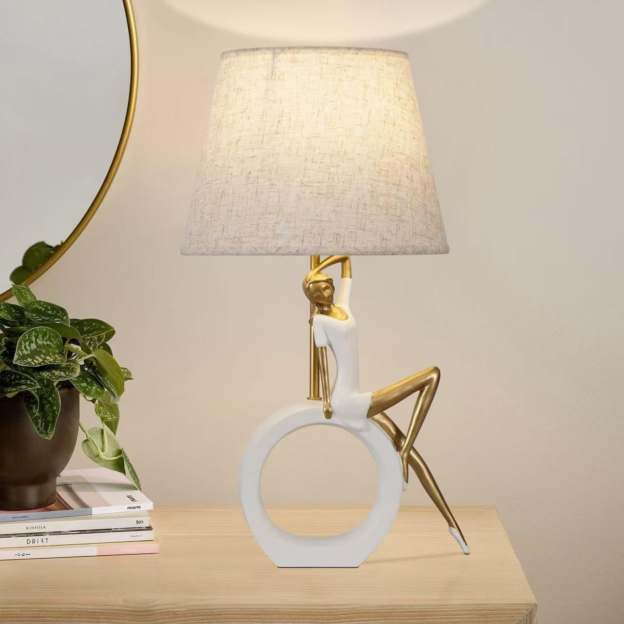 Lámpara de mesa decorativa de 48,3 cm, lámpara de noche moderna con pantalla de lino, base de resina sintética blanca y dorada, incluye fuente de luz LED