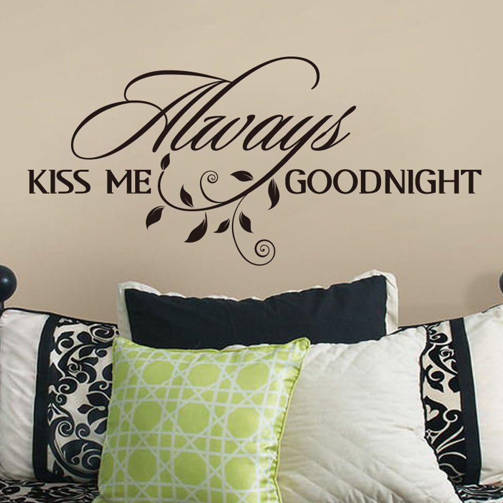 Lettering Mural Always Kiss Me Goodnight Romantic Quote Decal for Bedroom,Headboard(Brown, 22" h x49 w)