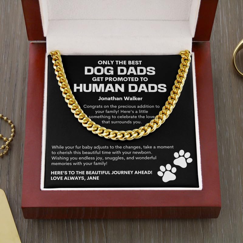 New Dad, Dog Dad Necklace Cuban Chain Gold - Precious Addition To Your Family - Jewelry For Dog Lovers Pet Owner Rotweiler