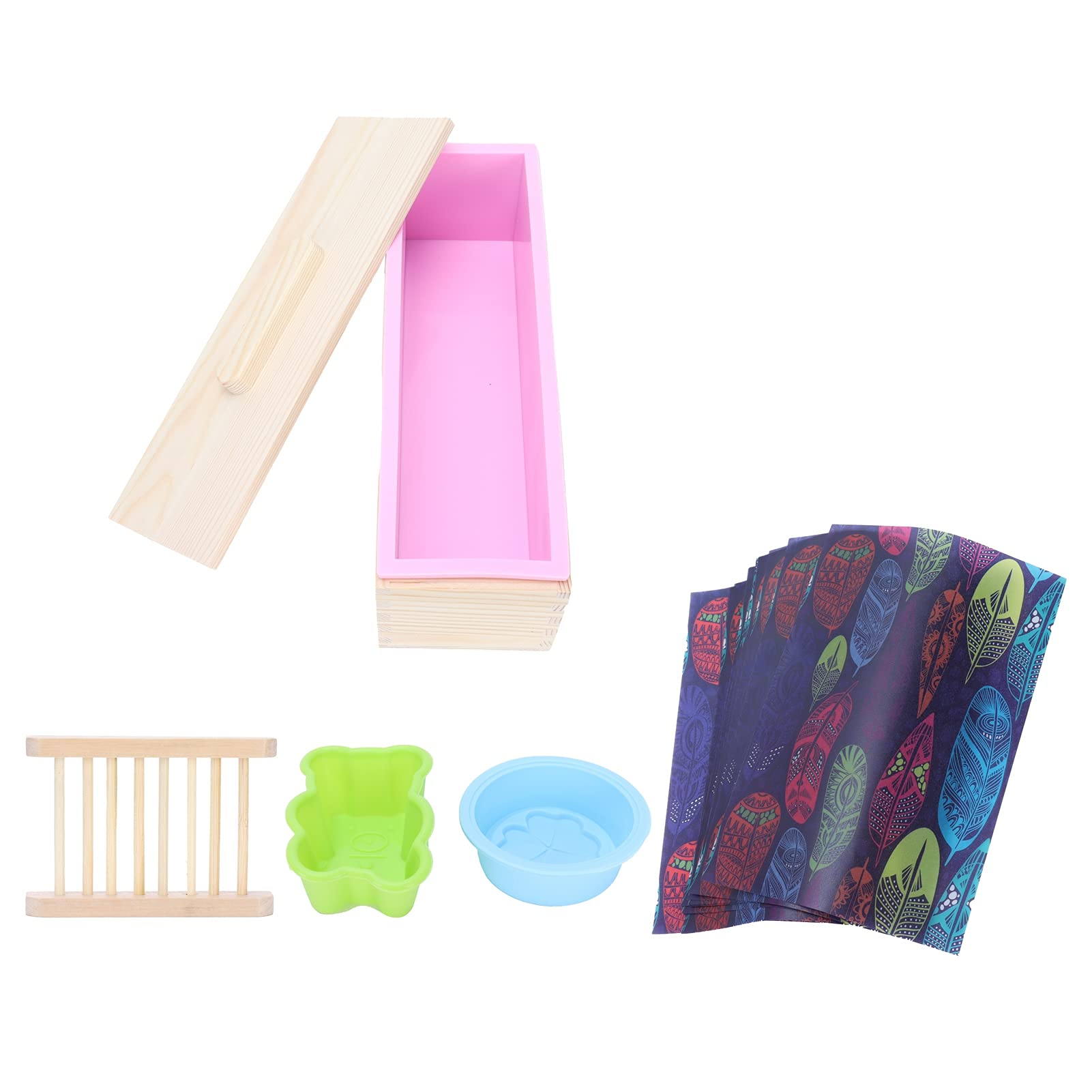 Juego de moldes de silicona para jabón DIY con rejilla para jabón en caja de madera y papel de regalo para jabón y horneado (Rosa)